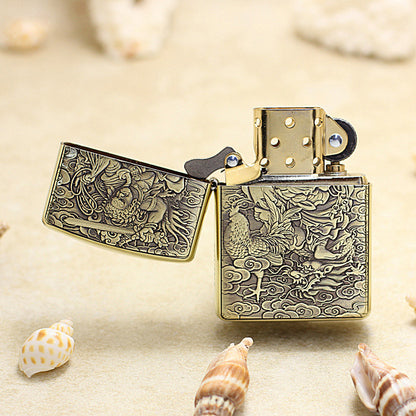 Zippo Armor Antique Brass Deep Carved Guardian Buddha and Rooster - C131