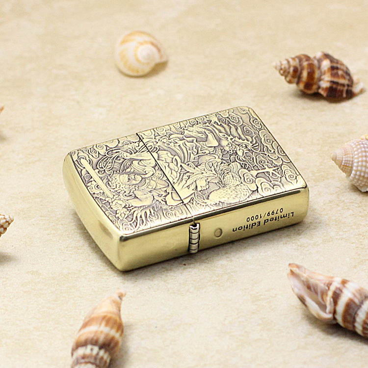 Zippo Armor Antique Brass Deep Carved Guardian Buddha and Rooster - C131