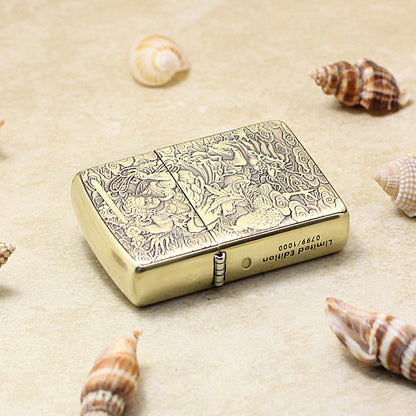 Zippo Armor Antique Brass Deep Carved Guardian Buddha and Rooster - C131