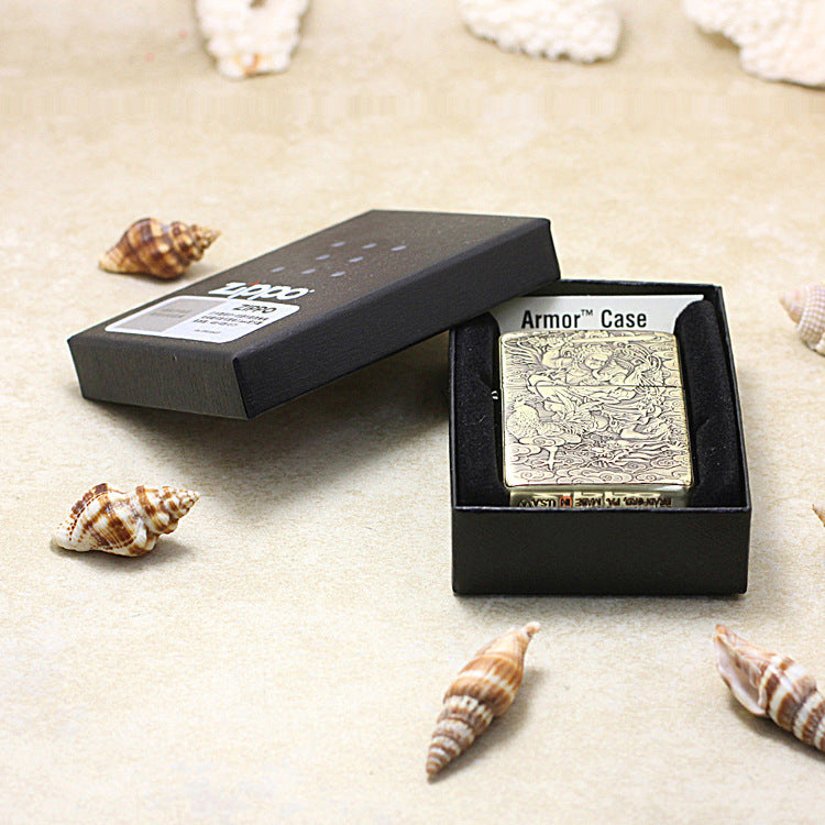 Zippo Armor Antique Brass Deep Carved Guardian Buddha and Rooster - C131