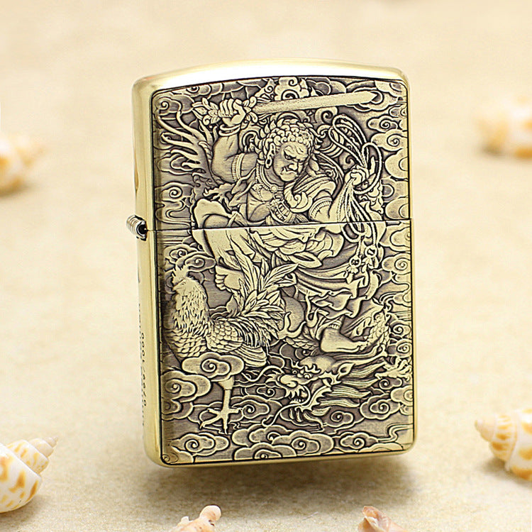 Zippo Armor Antique Brass Deep Carved Guardian Buddha and Rooster - C131