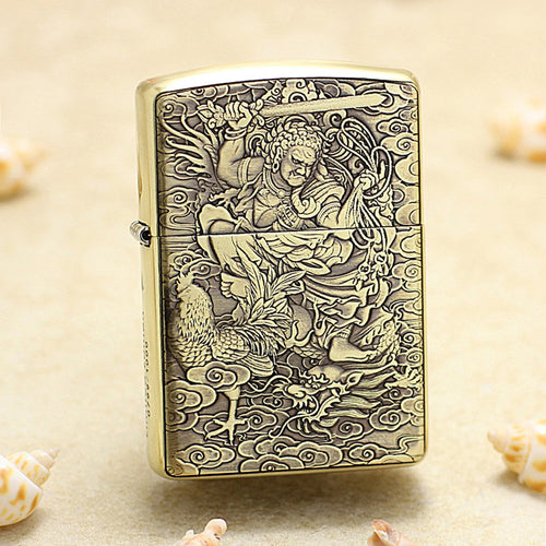Zippo Armor Antique Brass Deep Carved Guardian Buddha and Rooster - C131