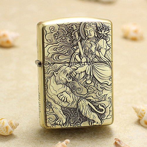 Zippo Armor Antique Brass Deep Carved Guardian Buddha and Tiger - CC115