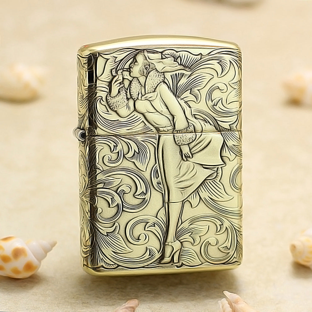 Zippo Armor Antique Brass Deep Carved Pin-Up Girl Arabesque - CC143