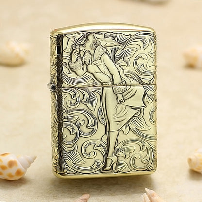 Zippo Armor Antique Brass Deep Carved Pin-Up Girl Arabesque - CC143