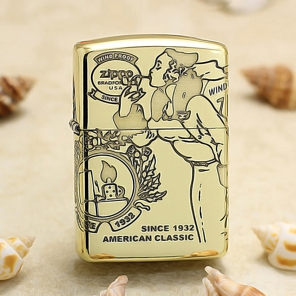 Zippo Armor Antique Brass Deep Carved Pin-Up Girl Arabesque - CC147