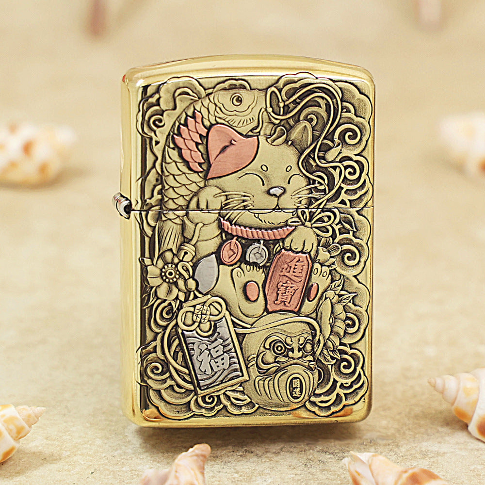 Zippo Armor Antique Brass 'Maneki-Neko Fortune Cat' - CC25