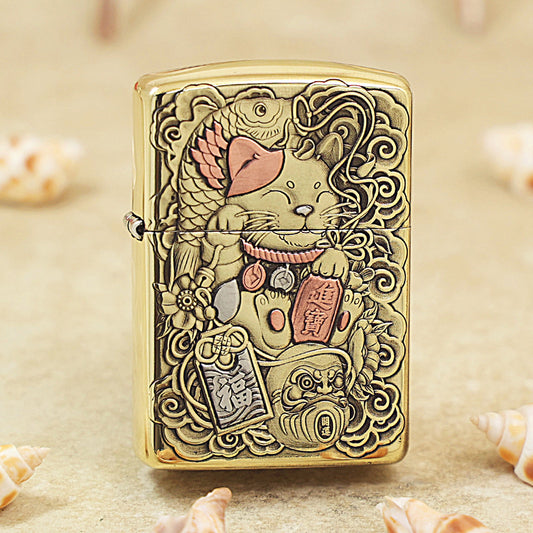 Zippo Armor Antique Brass 'Maneki-Neko Fortune Cat' - CC25