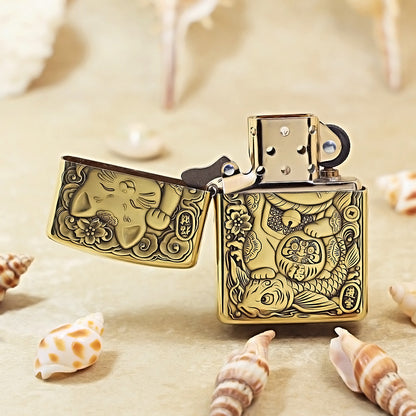 Zippo Armor Antique Brass Maneki-neko Prosperity - CC56