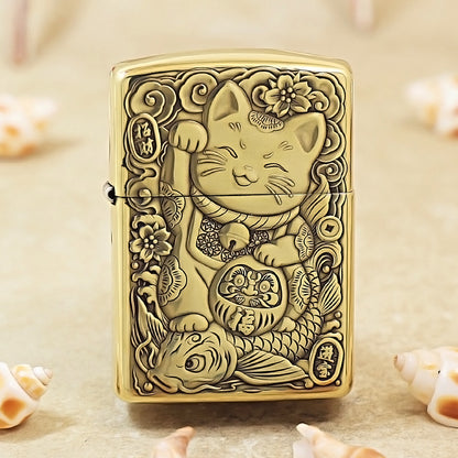 Zippo Armor Antique Brass Maneki-neko Prosperity - CC56