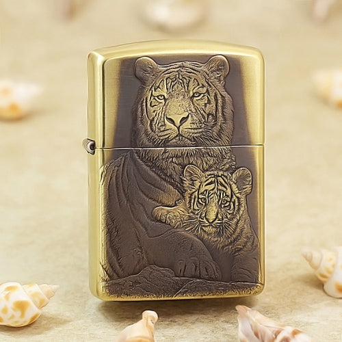 Zippo Armor Antique Brass Mother and Cub Tigers - CC102