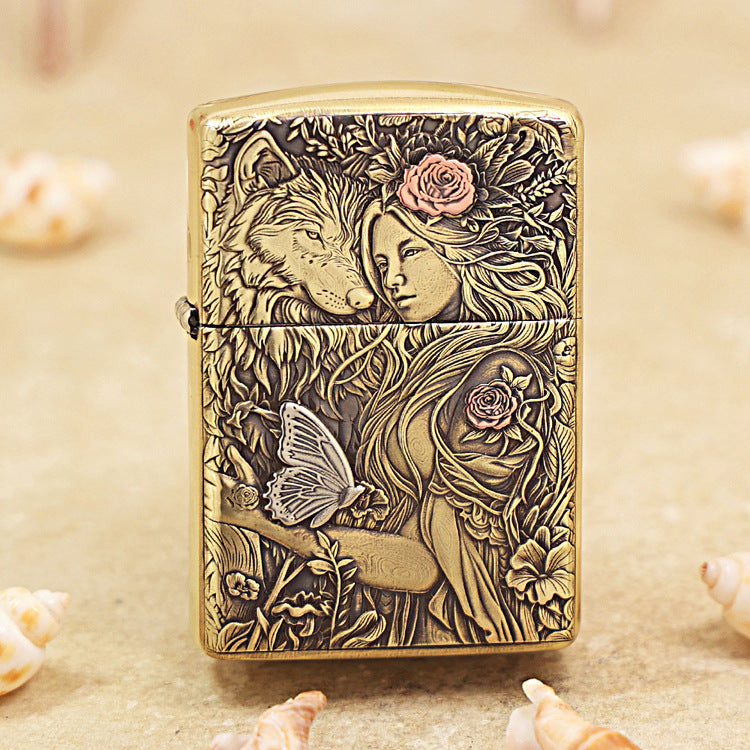 Zippo Armor Antique Brass Wolf and Forest Nymph - CC77