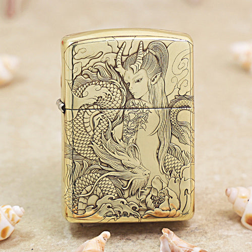 Zippo Armor High Polish Brass Dragon Girl Fantasy - CC73