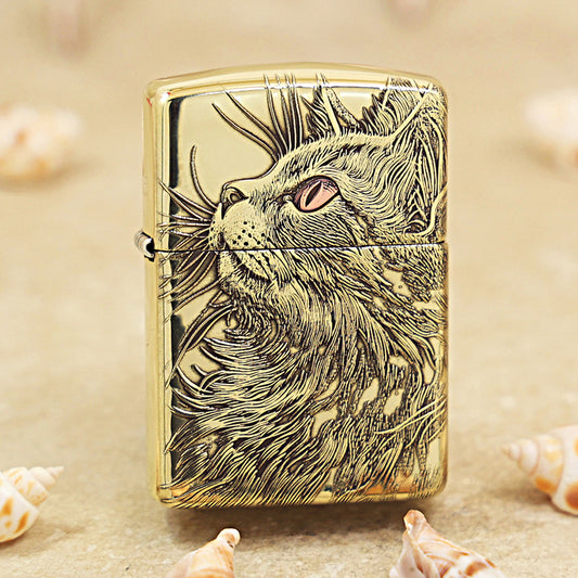 Zippo Armor High Polish Brass 'Gazing Cat' - CC06