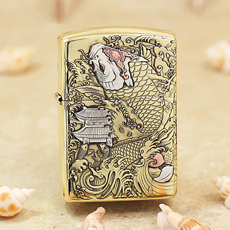 Zippo Armor High Polish Brass Koi Leaps Dragon Gate - CC95