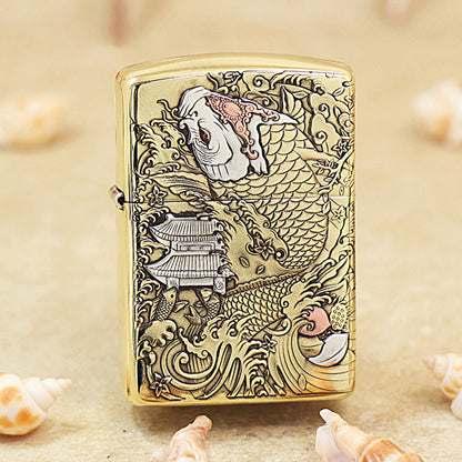 Zippo Armor High Polish Brass Koi Leaps Dragon Gate - CC95