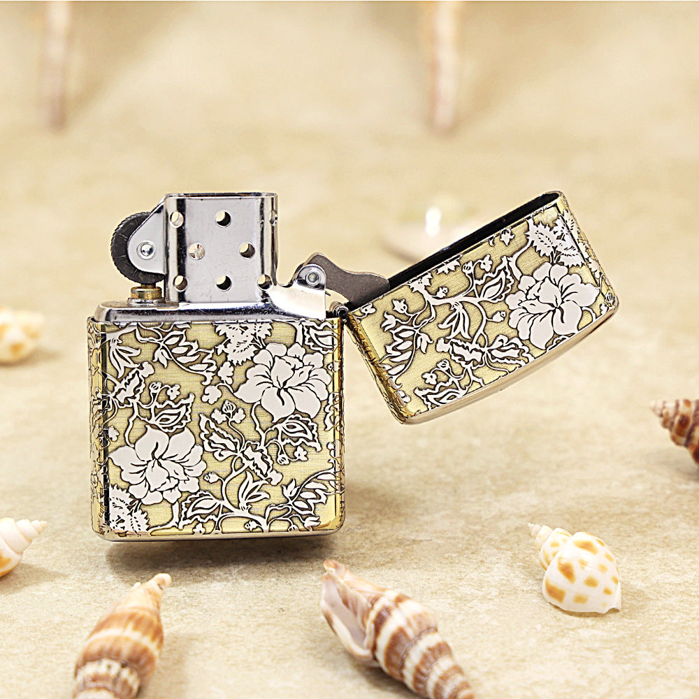 Zippo Brushed Brass Deep Carved Peony and Floral Scrollwork - SC21