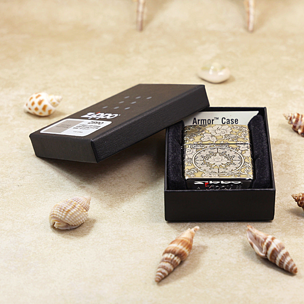 Zippo Brushed Brass Deep Carved Peony and Floral Scrollwork - SC21