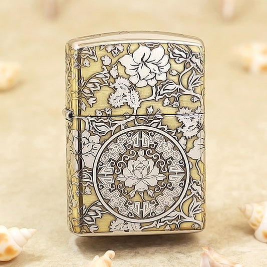 Zippo Brushed Brass Deep Carved Peony and Floral Scrollwork - SC21