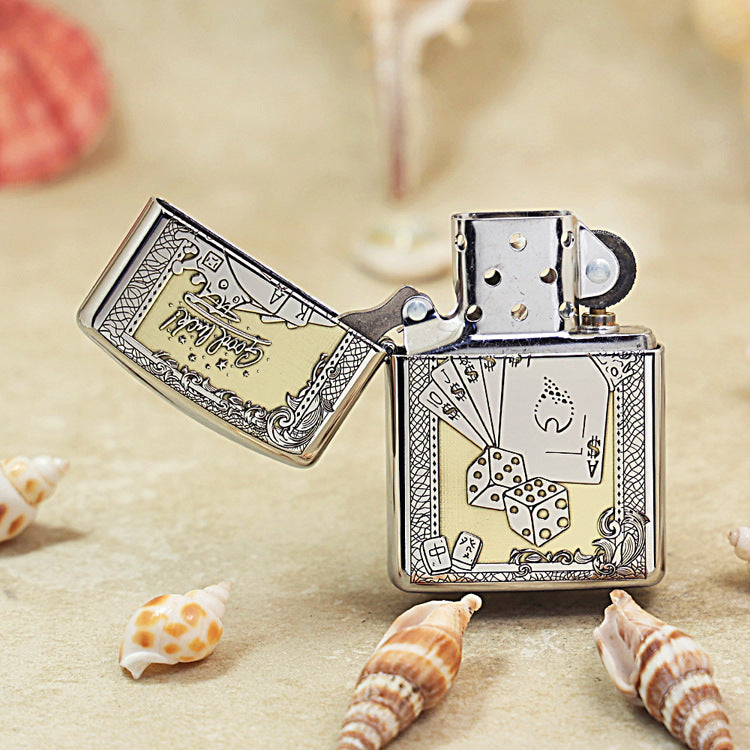 Zippo Brushed Chrome Deep Carved Good Luck Poker Hand and Dice - SC08