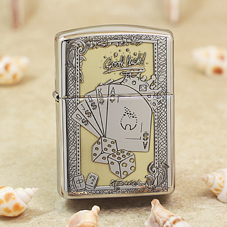 Zippo Brushed Chrome Deep Carved Good Luck Poker Hand and Dice - SC08