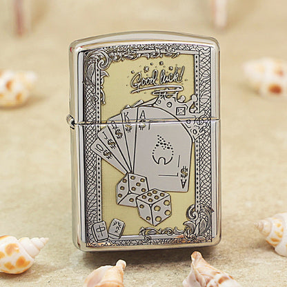 Zippo Brushed Chrome Deep Carved Good Luck Poker Hand and Dice - SC08