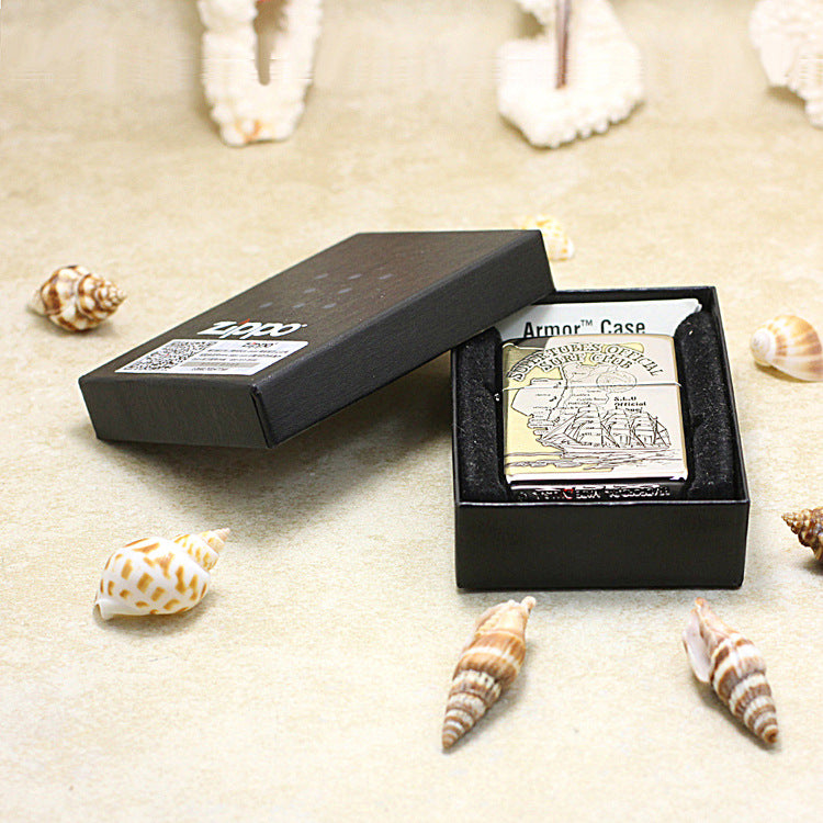 Zippo Brushed Chrome Deep Carved Nautical Chart and Sailing Ship - SC17