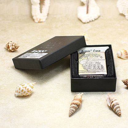 Zippo Brushed Chrome Deep Carved Nautical Chart and Sailing Ship - SC17