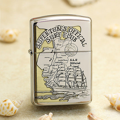 Zippo Brushed Chrome Deep Carved Nautical Chart and Sailing Ship - SC17