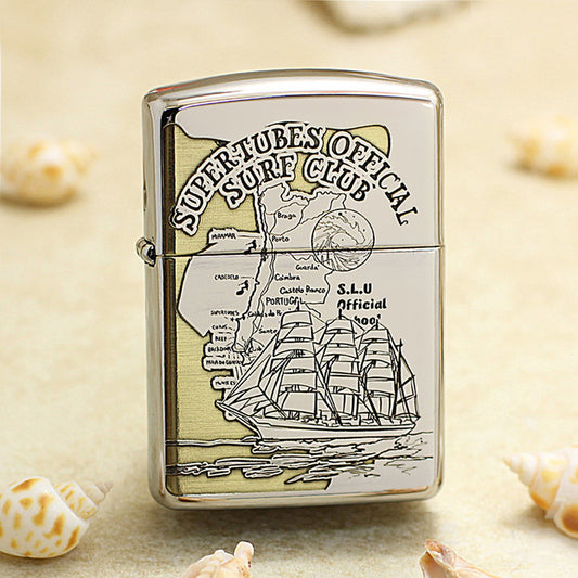 Zippo Brushed Chrome Deep Carved Nautical Chart and Sailing Ship - SC17