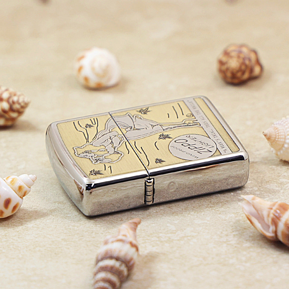 Zippo Brushed Chrome Deep Engraved Pin-Up Girl Smoking in the Wind - SC25