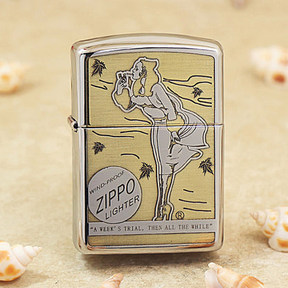 Zippo Brushed Chrome Deep Engraved Pin-Up Girl Smoking in the Wind - SC25