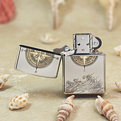 Zippo Brushed Chrome Two Tone Compass Rose and Waves - SC03
