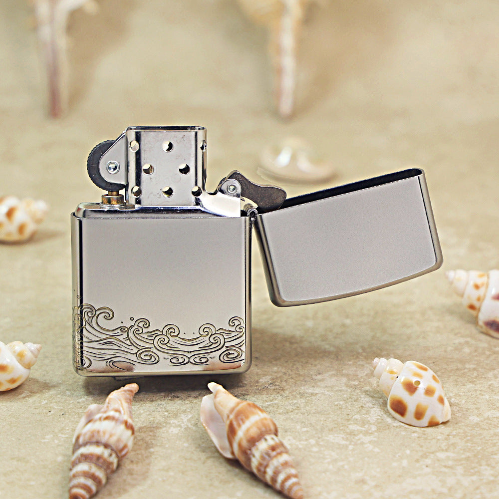 Zippo Brushed Chrome Two Tone Compass Rose and Waves - SC03