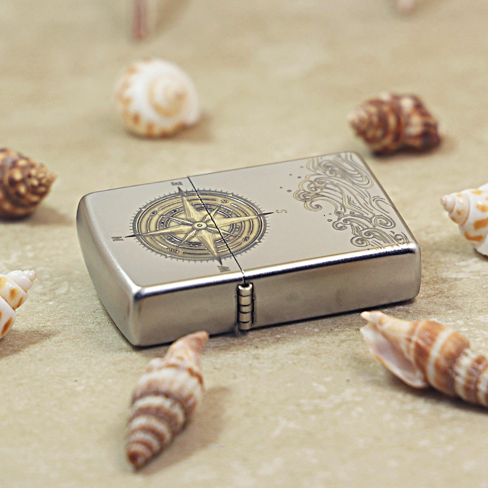 Zippo Brushed Chrome Two Tone Compass Rose and Waves - SC03