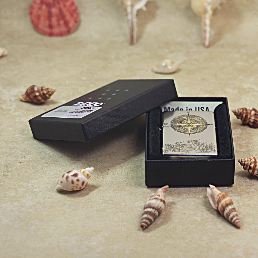 Zippo Brushed Chrome Two Tone Compass Rose and Waves - SC03