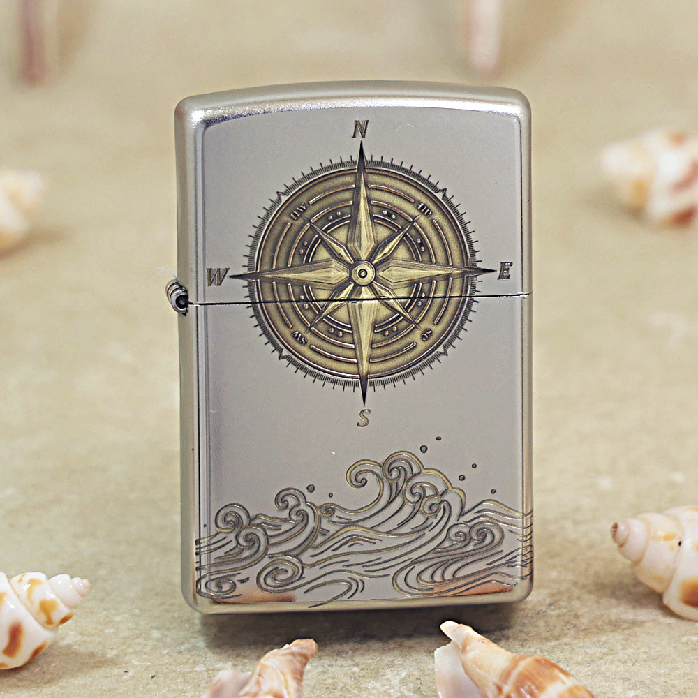 Zippo Brushed Chrome Two Tone Compass Rose and Waves - SC03
