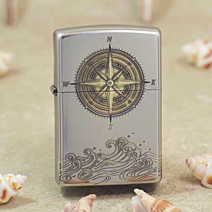 Zippo Brushed Chrome Two Tone Compass Rose and Waves - SC03