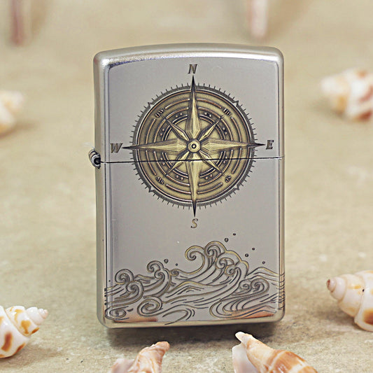 Zippo Brushed Chrome Two Tone Compass Rose and Waves - SC03