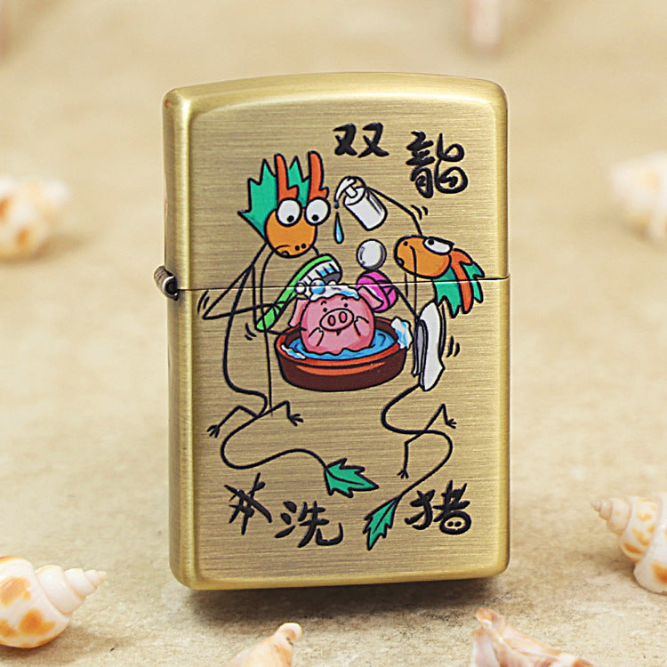 Zippo Brushed Smoked Brass 'Two Dragons Washing a Pig' - DS130
