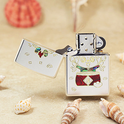 Zippo Brushed Smoked Chrome 'Good Luck Dragon' Deep Carve with Abalone Shell Inlay - DS142