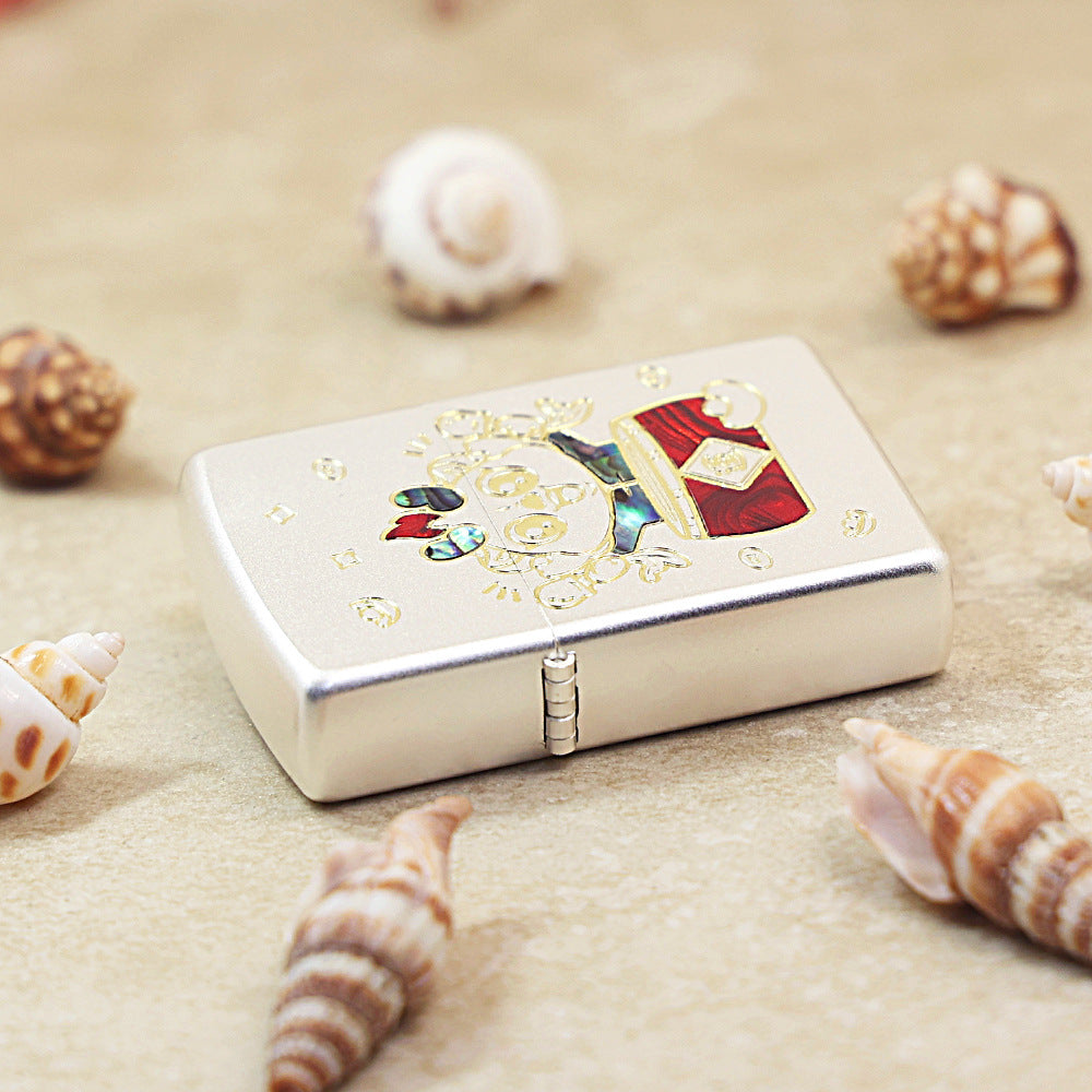 Zippo Brushed Smoked Chrome 'Good Luck Dragon' Deep Carve with Abalone Shell Inlay - DS142