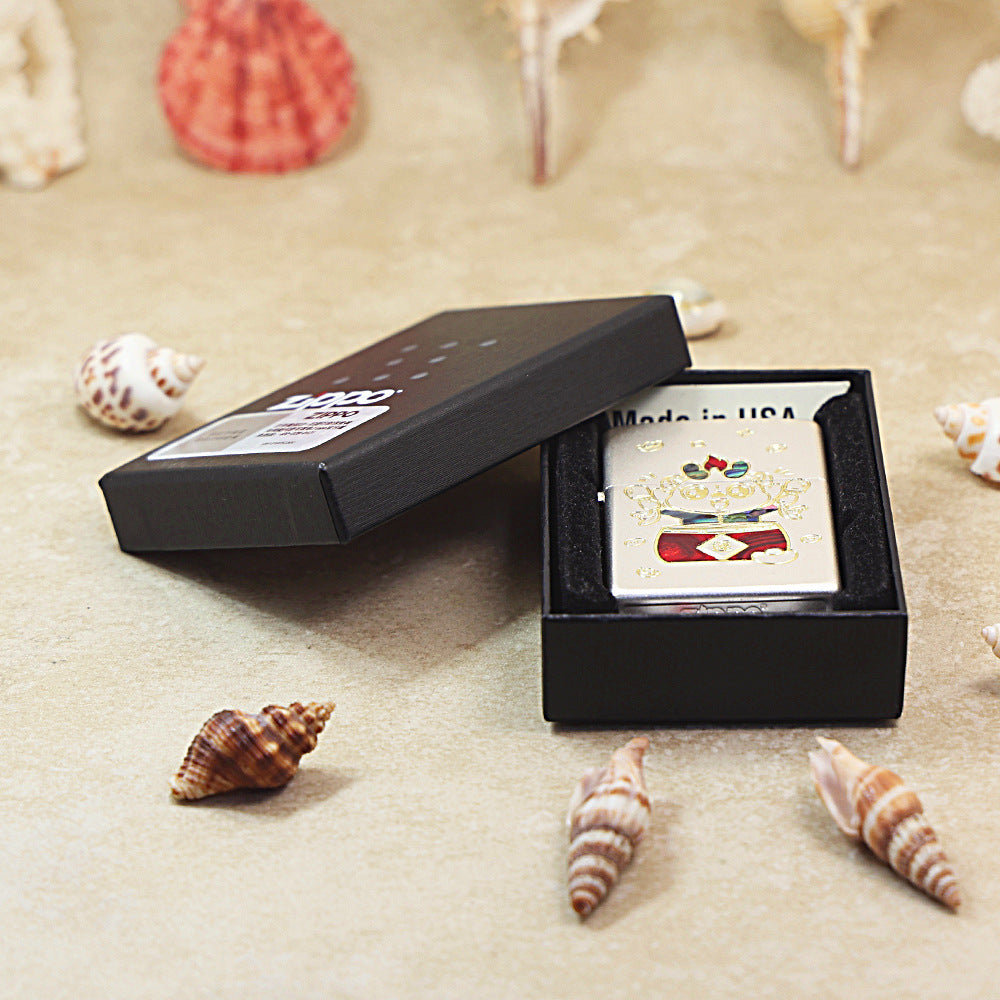 Zippo Brushed Smoked Chrome 'Good Luck Dragon' Deep Carve with Abalone Shell Inlay - DS142