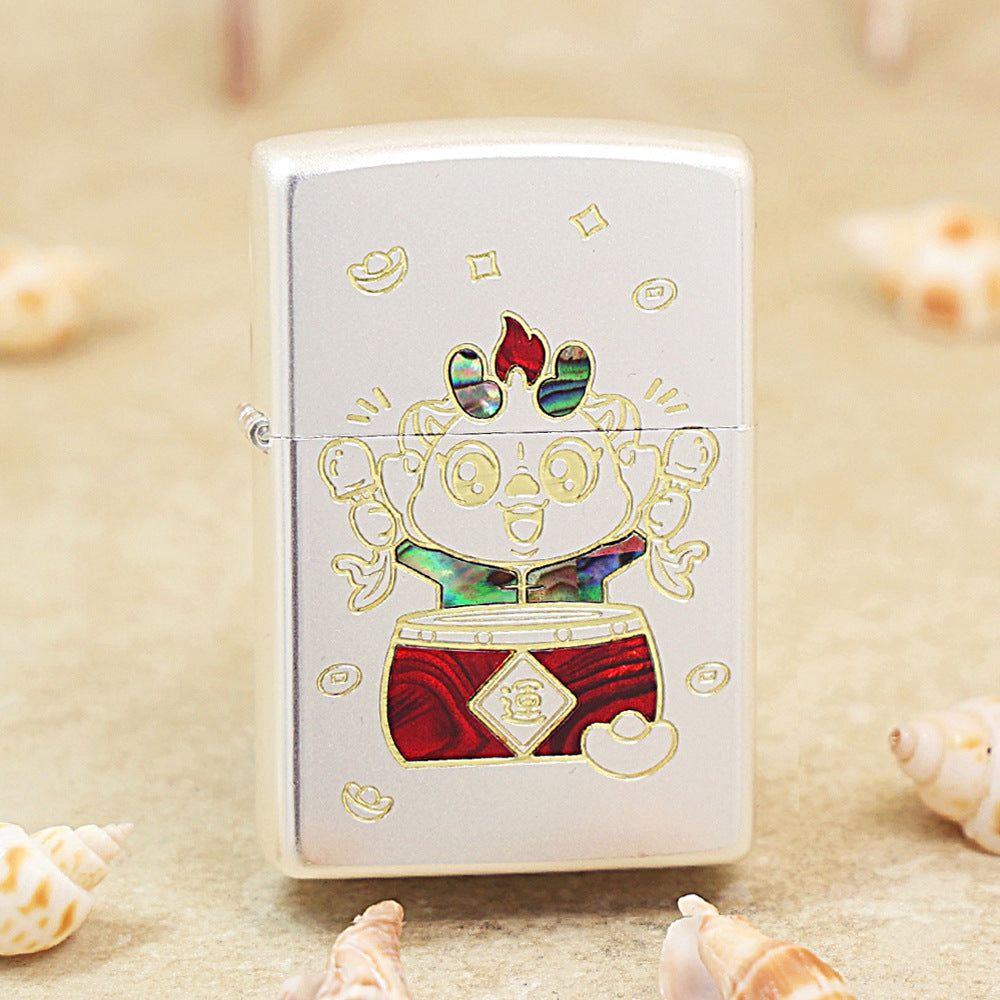 Zippo Brushed Smoked Chrome 'Good Luck Dragon' Deep Carve with Abalone Shell Inlay - DS142