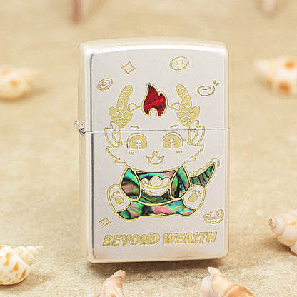 Zippo Brushed Smoked Chrome 'Lucky Dragon Bringing Wealth' Deep Carve - DS143