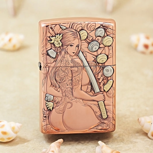 Zippo Copper Tone Deep Carved Female Warrior and Katana - CM13