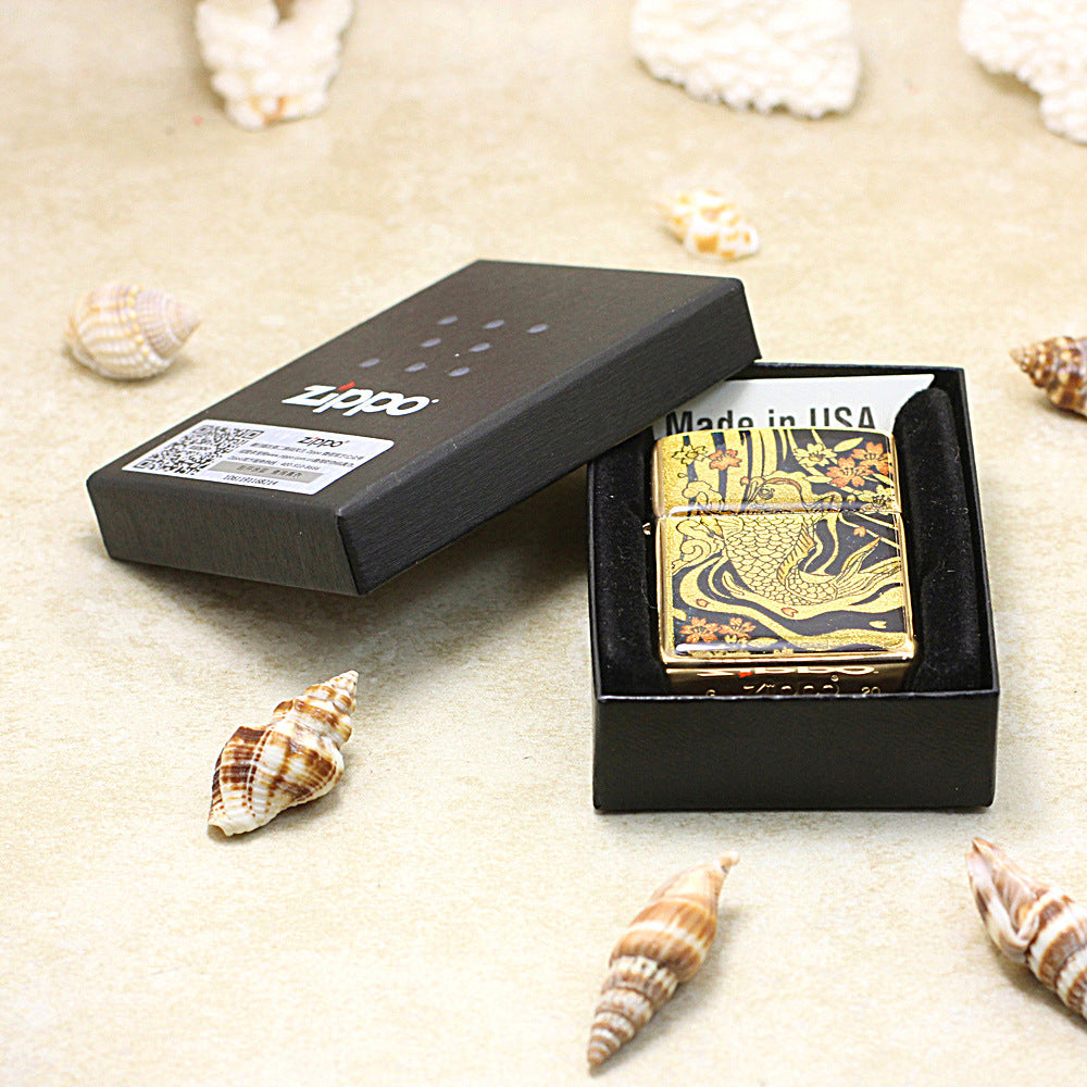 Zippo Gold Plate Koi Fish and Cherry Blossom - JP45