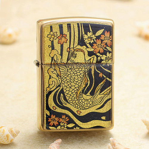 Zippo Gold Plate Koi Fish and Cherry Blossom - JP45