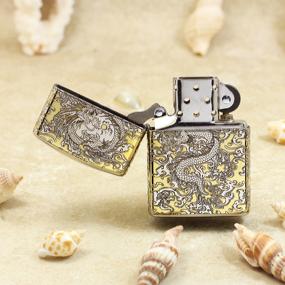 Zippo Gold and Silver Deep Carved Coiling Dragon in the Clouds - SC33