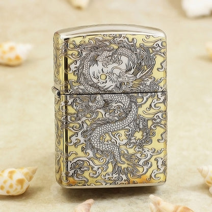 Zippo Gold and Silver Deep Carved Coiling Dragon in the Clouds - SC33